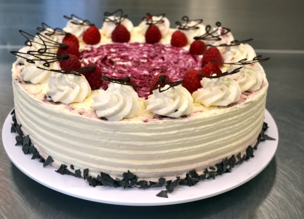 Sahnetorte mit Kirsche und Schokolade